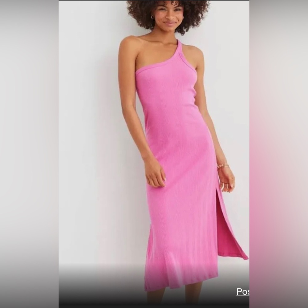 Aerie Ribbed One Shoulder Pink Dress Long with Slit